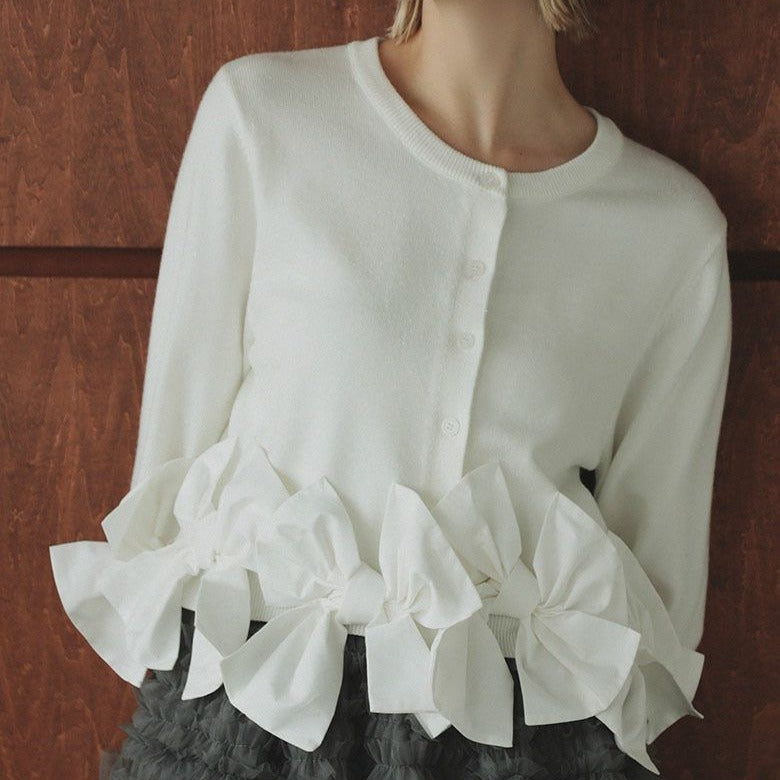 Womens Long-Sleeve Knitted Cardigan And Mesh Tiered Skirt Set