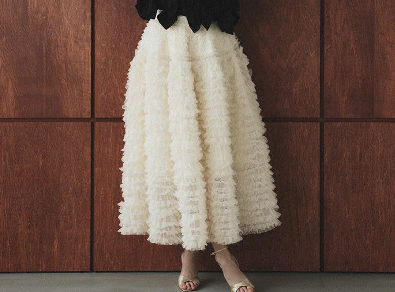 Womens Long-Sleeve Knitted Cardigan And Mesh Tiered Skirt Set