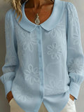 Womens Embroidered Jacquard Doll Collar Long-Sleeve Shirt