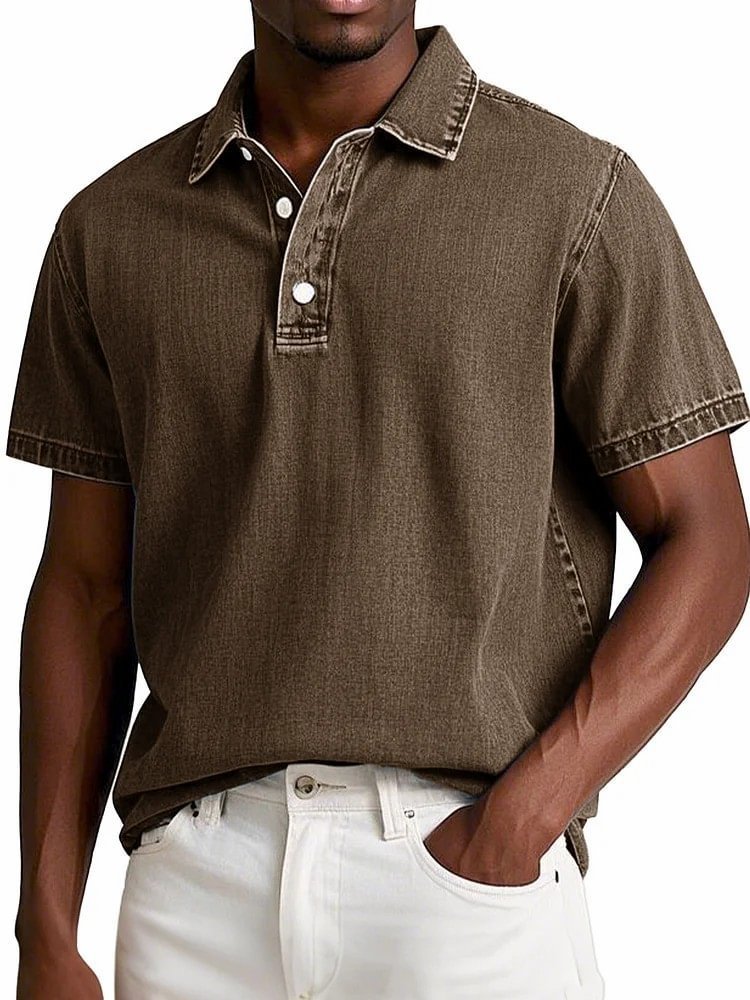 Stylish Solid-color Vintage Short-sleeve Lapel Polo Shirt For Men Summer Casual Business T-shirt