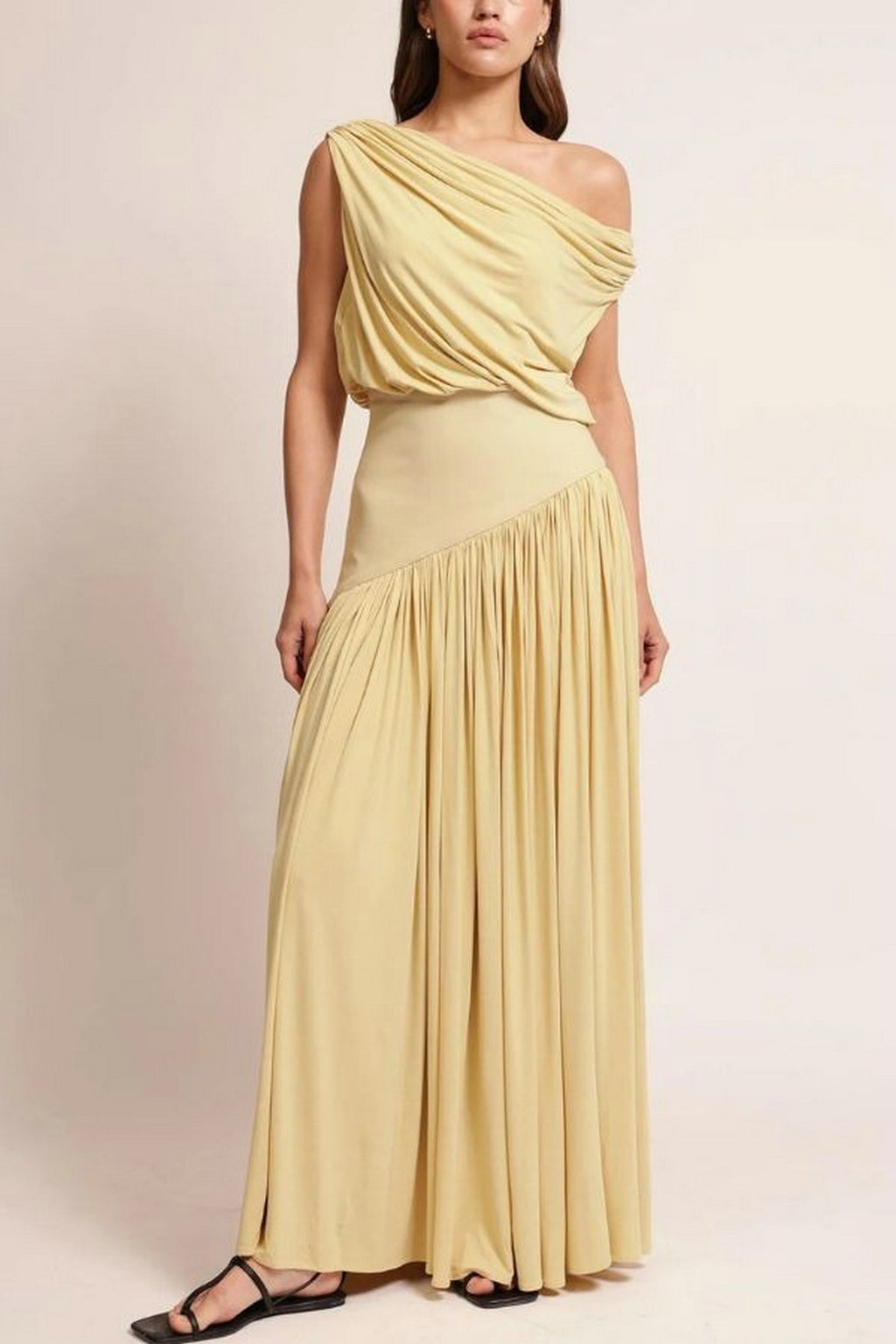 Asymmetrical Neck Off The Shoulder Waist Cinched Long Solid Color Dress
