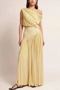 Asymmetrical Neck Off The Shoulder Waist Cinched Long Solid Color Dress