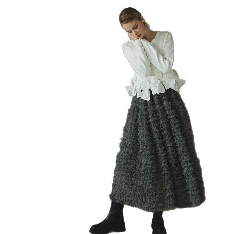 Womens Long-Sleeve Knitted Cardigan And Mesh Tiered Skirt Set
