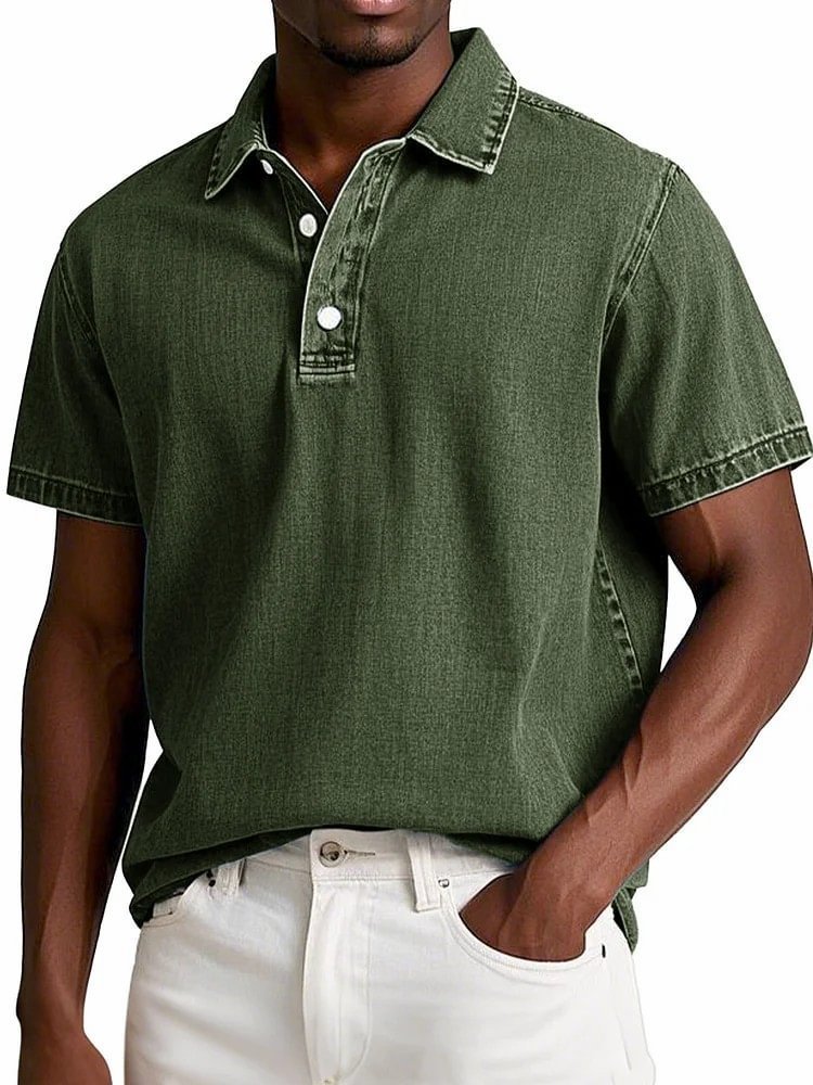 Stylish Solid-color Vintage Short-sleeve Lapel Polo Shirt For Men Summer Casual Business T-shirt