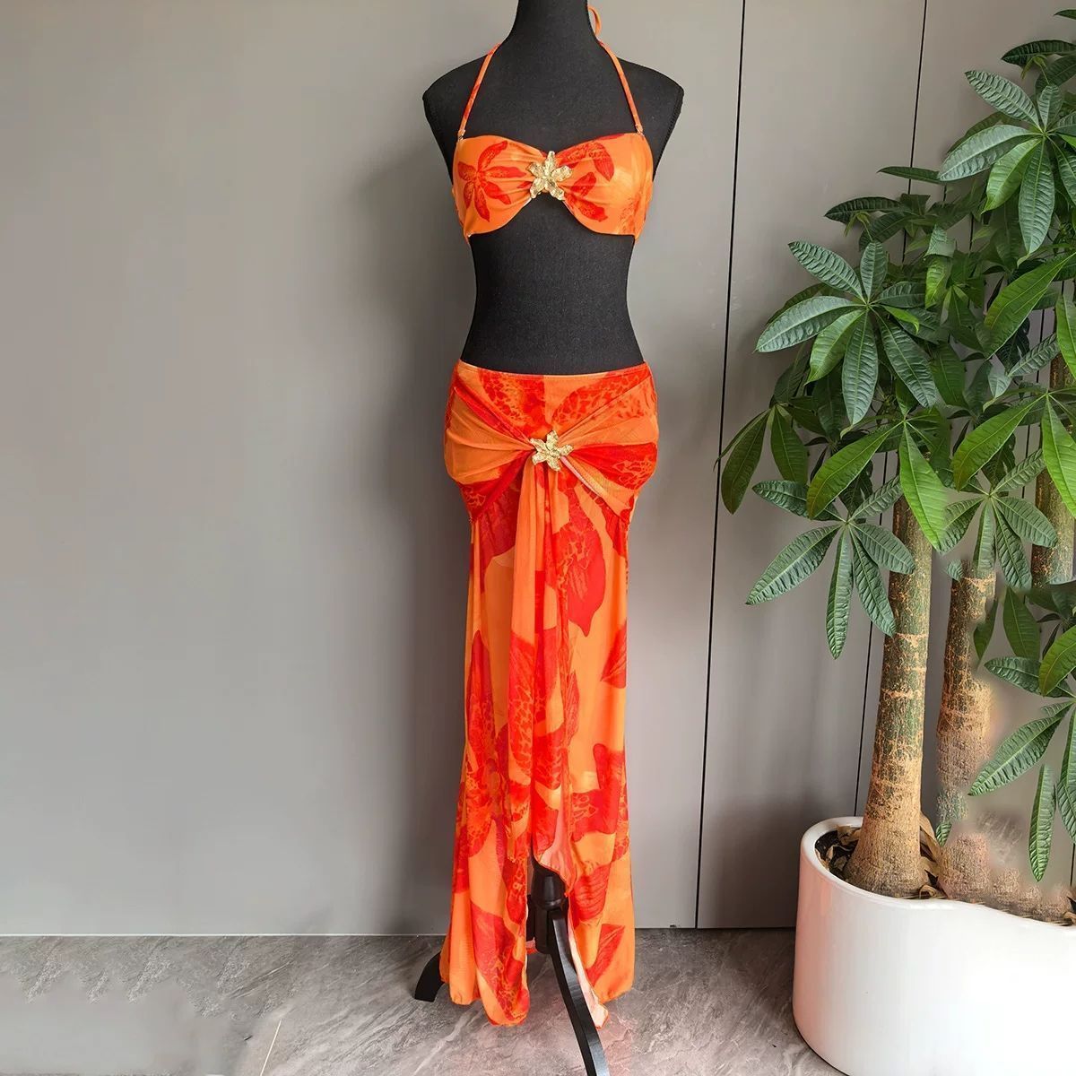 Starfish-Decorated Two-Piece Long Skirt Sexy Bikini Three-Piece Set