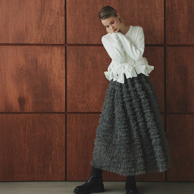 Womens Long-Sleeve Knitted Cardigan And Mesh Tiered Skirt Set