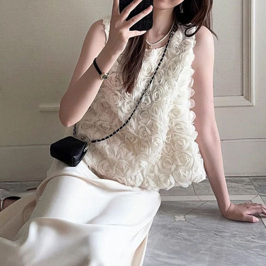Sleeveless French 3D Rose Tank Top