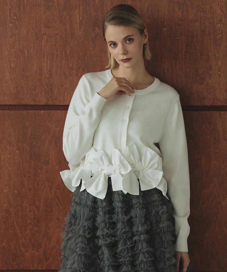 Womens Long-Sleeve Knitted Cardigan And Mesh Tiered Skirt Set