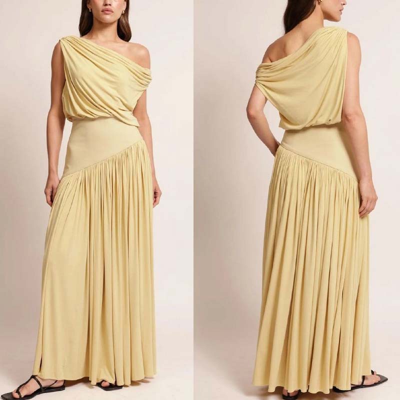 Asymmetrical Neck Off The Shoulder Waist Cinched Long Solid Color Dress