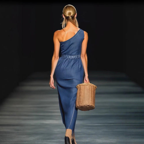 Elegant Strapless Denim 3D Floral Maxi Dress