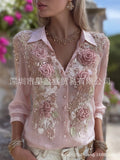 Womens Retro Bohemian Rose-Embroidered Loose Linen Shirt