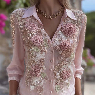 Womens Retro Bohemian Rose-Embroidered Loose Linen Shirt