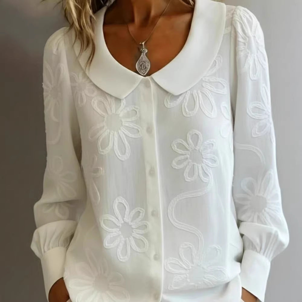 Womens Embroidered Jacquard Doll Collar Long-Sleeve Shirt