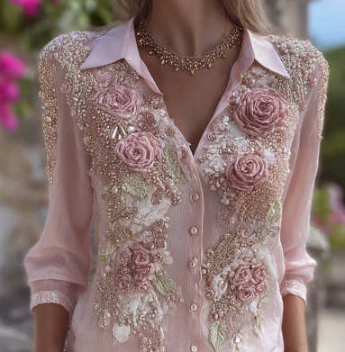 Womens Retro Bohemian Rose-Embroidered Loose Linen Shirt
