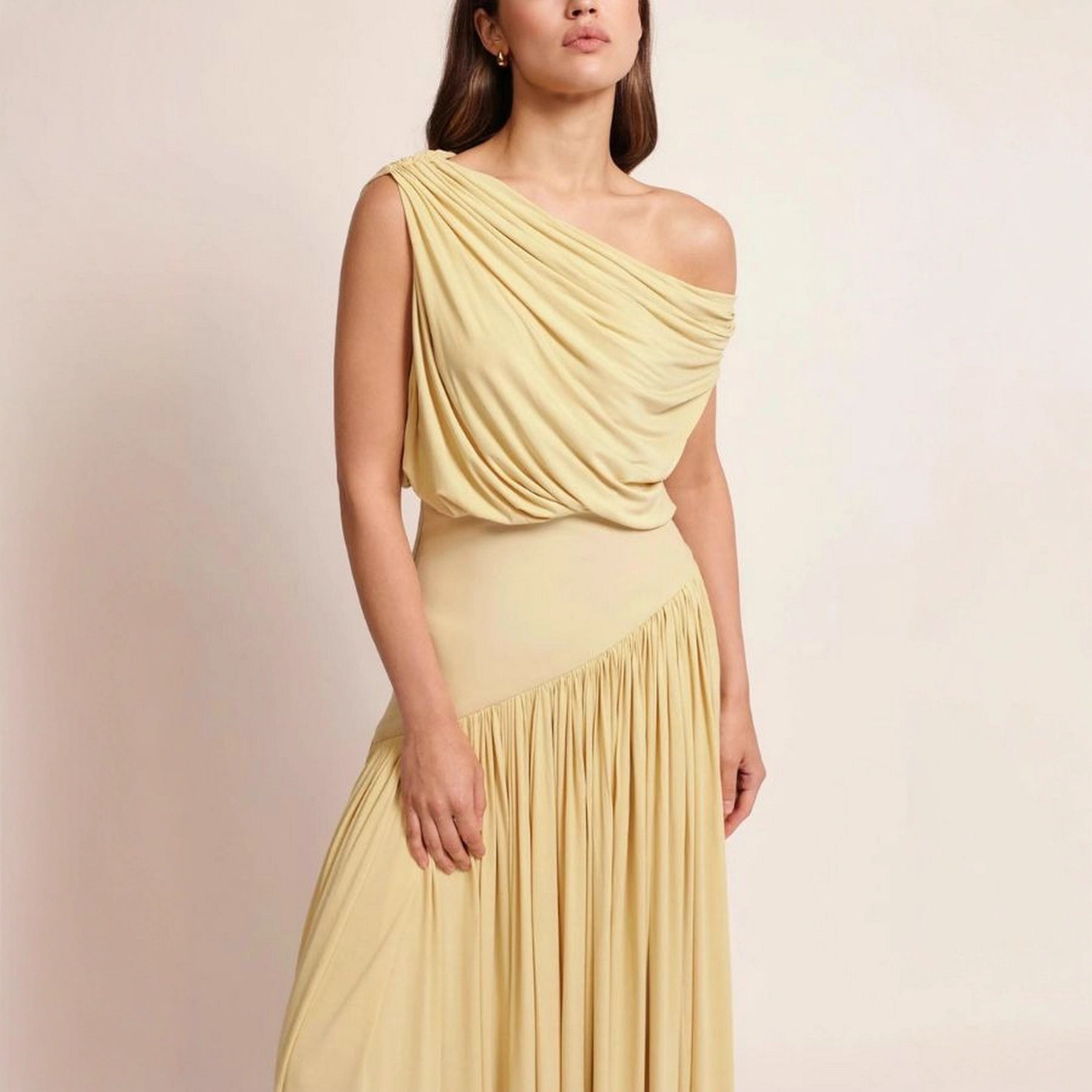 Asymmetrical Neck Off The Shoulder Waist Cinched Long Solid Color Dress