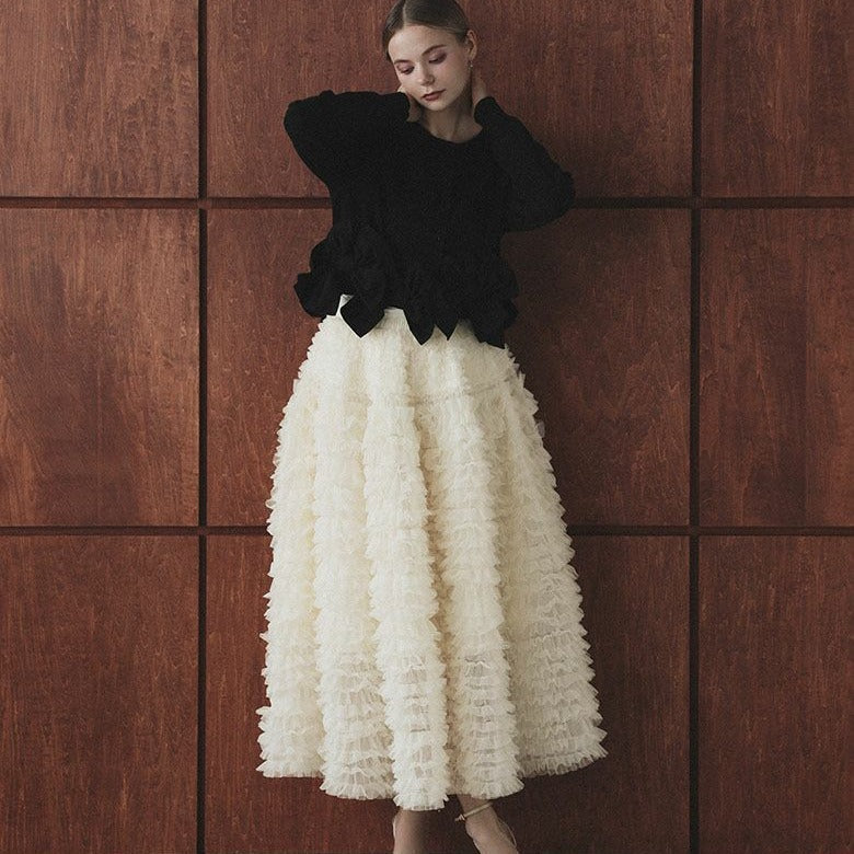 Womens Long-Sleeve Knitted Cardigan And Mesh Tiered Skirt Set