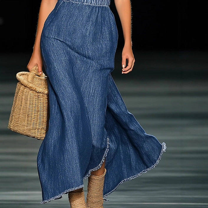 Elegant Strapless Denim 3D Floral Maxi Dress