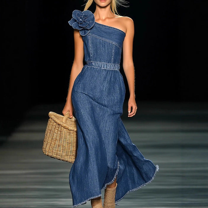 Elegant Strapless Denim 3D Floral Maxi Dress