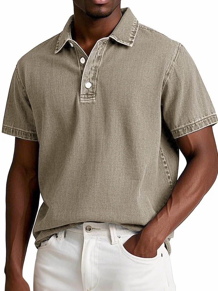 Stylish Solid-color Vintage Short-sleeve Lapel Polo Shirt For Men Summer Casual Business T-shirt